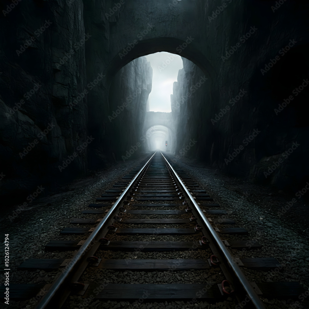 Fototapeta premium Image of the railway tracks that will lead the train out of the tunnel.