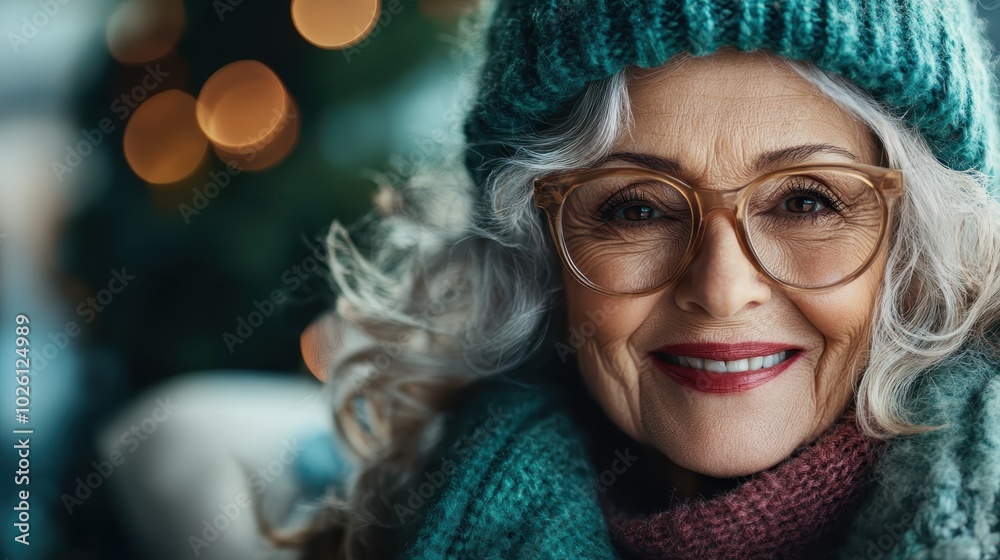 A gray-haired elderly woman dressed in cozy winter attire, including a knitted hat and scarf, smiling warmly outdoors in a serene, wintry setting. A gray-haired elderly woman dressed in cozy winter attire, including a knitted hat and scarf, smiling warmly outdoors in a serene, wintry setting.