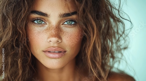 A striking portrait of a woman with prominent freckles and lush, natural curly hair, set against a calm, minimal backdrop. Captures natural beauty and serene vibes.