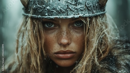 A close-up shot of a Viking warrior's freckled face, with determined eyes, framed by a horned metal helmet amidst a snowy background for dramatic effect.