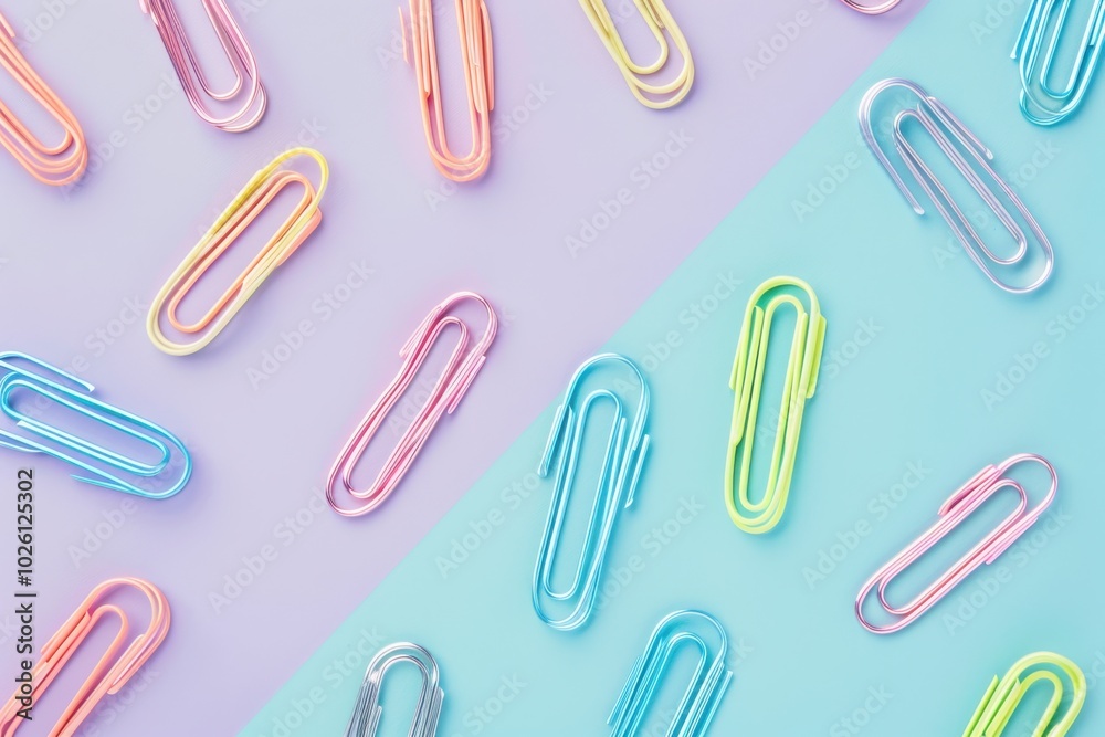 Colorful paper clips arranged on vibrant pastel backgrounds Colorful paper clips arranged on vibrant pastel backgrounds
