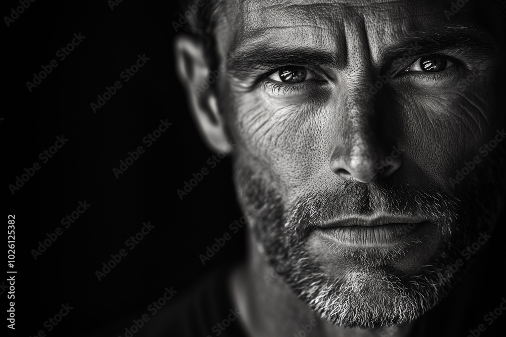 Portrait of a Man with Strong Facial Features in Black and White Portrait of a Man with Strong Facial Features in Black and White