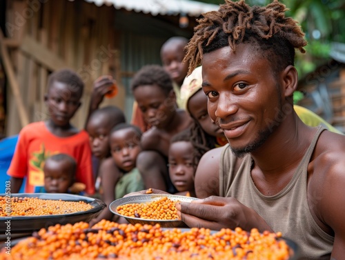 Man with Dreadlocks Eating Orange Seeds with Children Behind Him