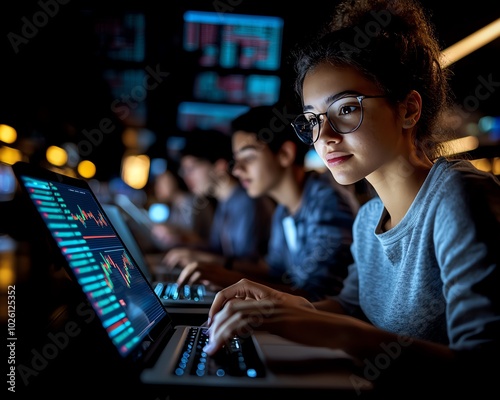 A diverse group of students sitting in a library, researching financial topics on laptops, with stock charts on their screens