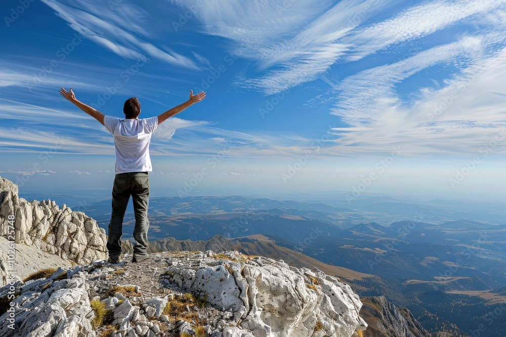 A man is standing on a mountain top, looking out at the beautiful landscape, generative ai image A man is standing on a mountain top, looking out at the beautiful landscape, generative ai image