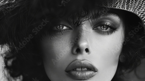 Black and white close-up portrait of woman wearing wide-brimmed hat with focus on eyes and lips.