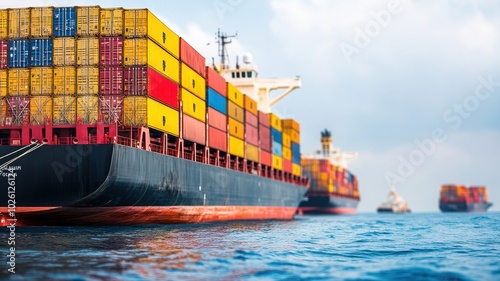 Colorful cargo containers stacked on a large container ship in a bustling port, symbolizing global trade and logistics. photo