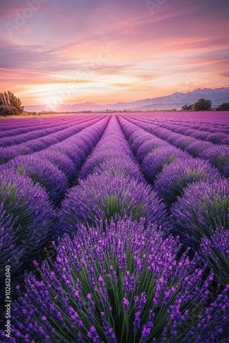 Lavender Fields at Sunset Stretching to the Horizon