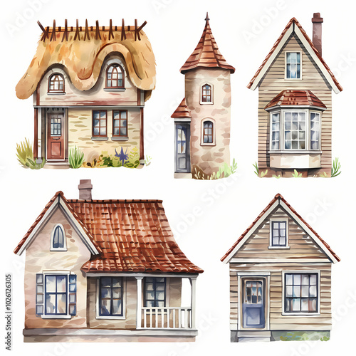 set of village houses , set of watercolor decal clipart. Isolated on white background 