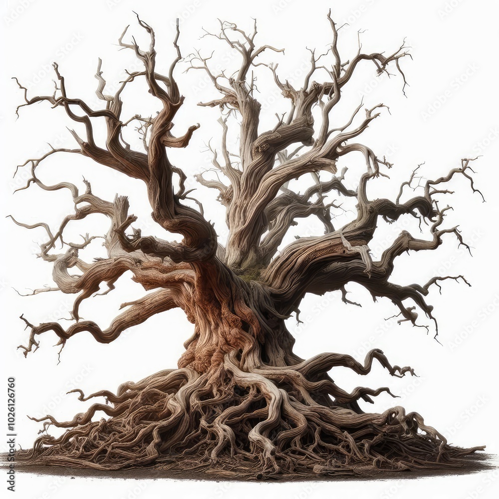 Large old dead tree with gnarled roots and twisted branches isolated on white background Large old dead tree with gnarled roots and twisted branches isolated on white background