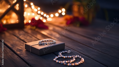 Silver anklets placed in a gift box on a wooden deck, with the background of a home entrance decorated with rangoli and Diwali lights. Copy space, happy Diwali background, traditional, Indian festival photo