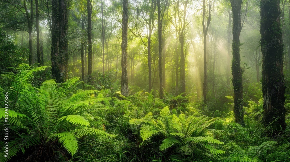 Misty Forest in Soft Morning Light
