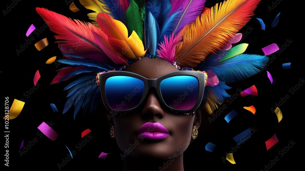 Vibrant Vision: A Black woman with bold pink lips and vibrant blue sunglasses, adorned with a cascade of colorful feathers and confetti. A striking image celebrating individuality, beauty. Vibrant Vision: A Black woman with bold pink lips and vibrant blue sunglasses, adorned with a cascade of colorful feathers and confetti. A striking image celebrating individuality, beauty.