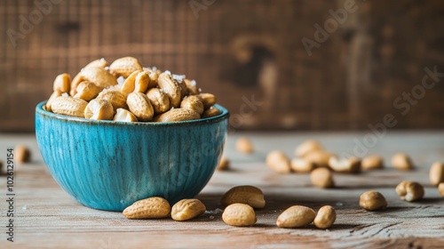 Salted Peanuts in a Turquoise Ceramic Bowl on a Wooden Surface