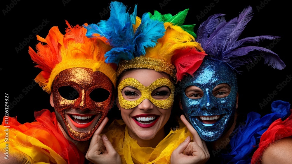 Carnival Revelry: vibrant masks, joyful smiles, and dazzling feathers. A trio of carnival performers radiate pure energy and festive spirit. Carnival Revelry: vibrant masks, joyful smiles, and dazzling feathers. A trio of carnival performers radiate pure energy and festive spirit.