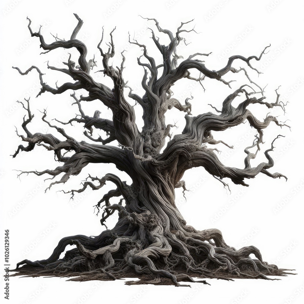 Large old dead tree with gnarled roots and twisted branches isolated on white background Large old dead tree with gnarled roots and twisted branches isolated on white background