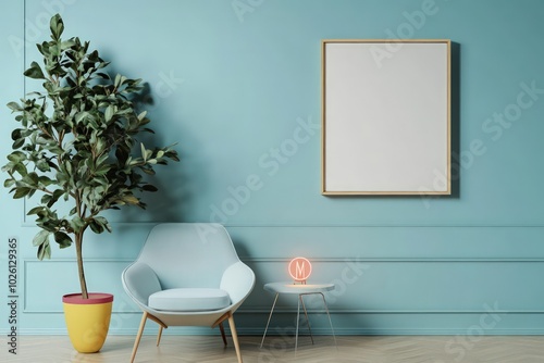 medium sized landscape white wood wall modern wall framed art on a light blue wall, with a bright chair under the frame. Next to the chair is a potted indoor tree, and a side table photo