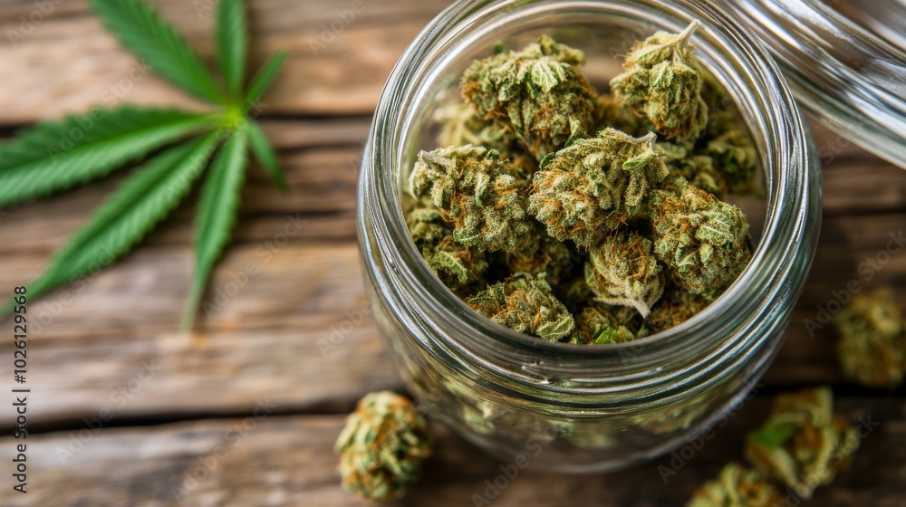 Glass Jar Filled with Dried Cannabis Buds and Leaf Glass Jar Filled with Dried Cannabis Buds and Leaf