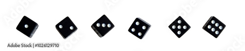 Dice isolated. Black and white dice. 6 dice with all numbers from 1 to 6. One to six dice.