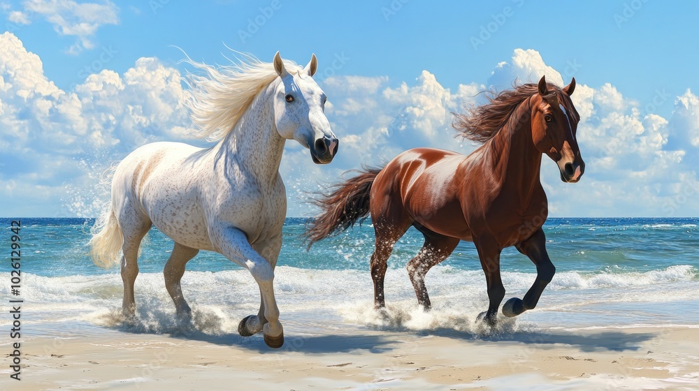 Fototapeta premium Two Horses Running on the Beach