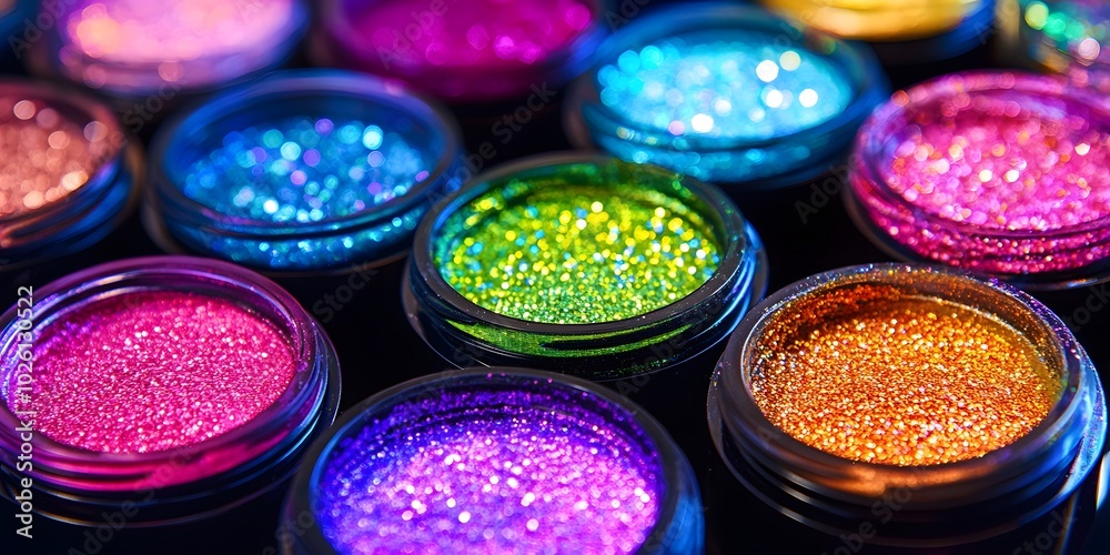 Brightly colored cosmetic powders shimmer in diverse shades, arranged in circular containers, creating a vibrant artist’s palette of sparkling beauty. Brightly colored cosmetic powders shimmer in diverse shades, arranged in circular containers, creating a vibrant artist’s palette of sparkling beauty.