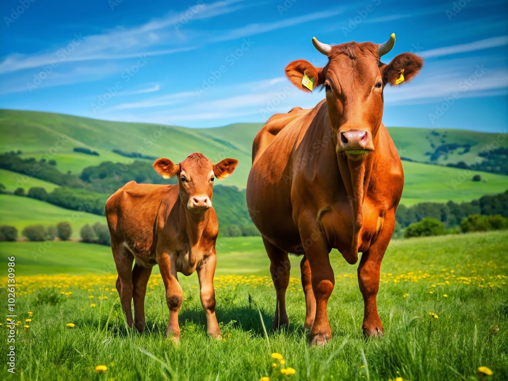 Red Angus Cattle in Pasture with Calf - Serene Farm Life Scene for Stock Photography Red Angus Cattle in Pasture with Calf - Serene Farm Life Scene for Stock Photography