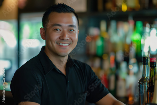 A smiling male bartender standing behind the counter, Bar scene with happy bartender, Drinks and cocktails