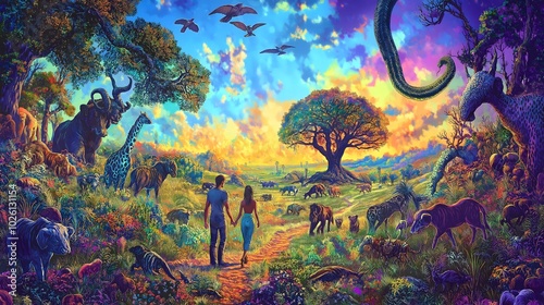 Fototapeta Naklejka Na Ścianę i Meble -  Biblical Depiction of the Garden of Eden – A Religious Symbol of Creation, Paradise, and Divine Imagery in Christianity Representing God's Creation and Spiritual Significance