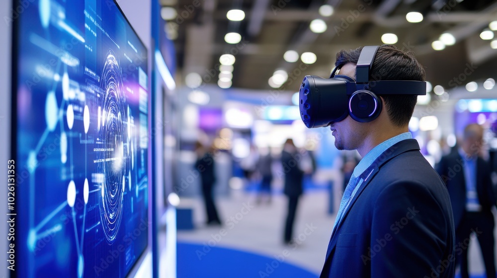 Man using virtual reality headset at a technology expo, engaging with interactive display. Business Conference. Man using virtual reality headset at a technology expo, engaging with interactive display. Business Conference.