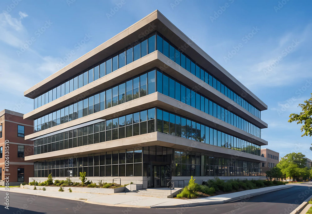 Modern commercial building with sleek glass and steel design, featuring multiple floors in an urban area with a solid foundation Modern commercial building with sleek glass and steel design, featuring multiple floors in an urban area with a solid foundation