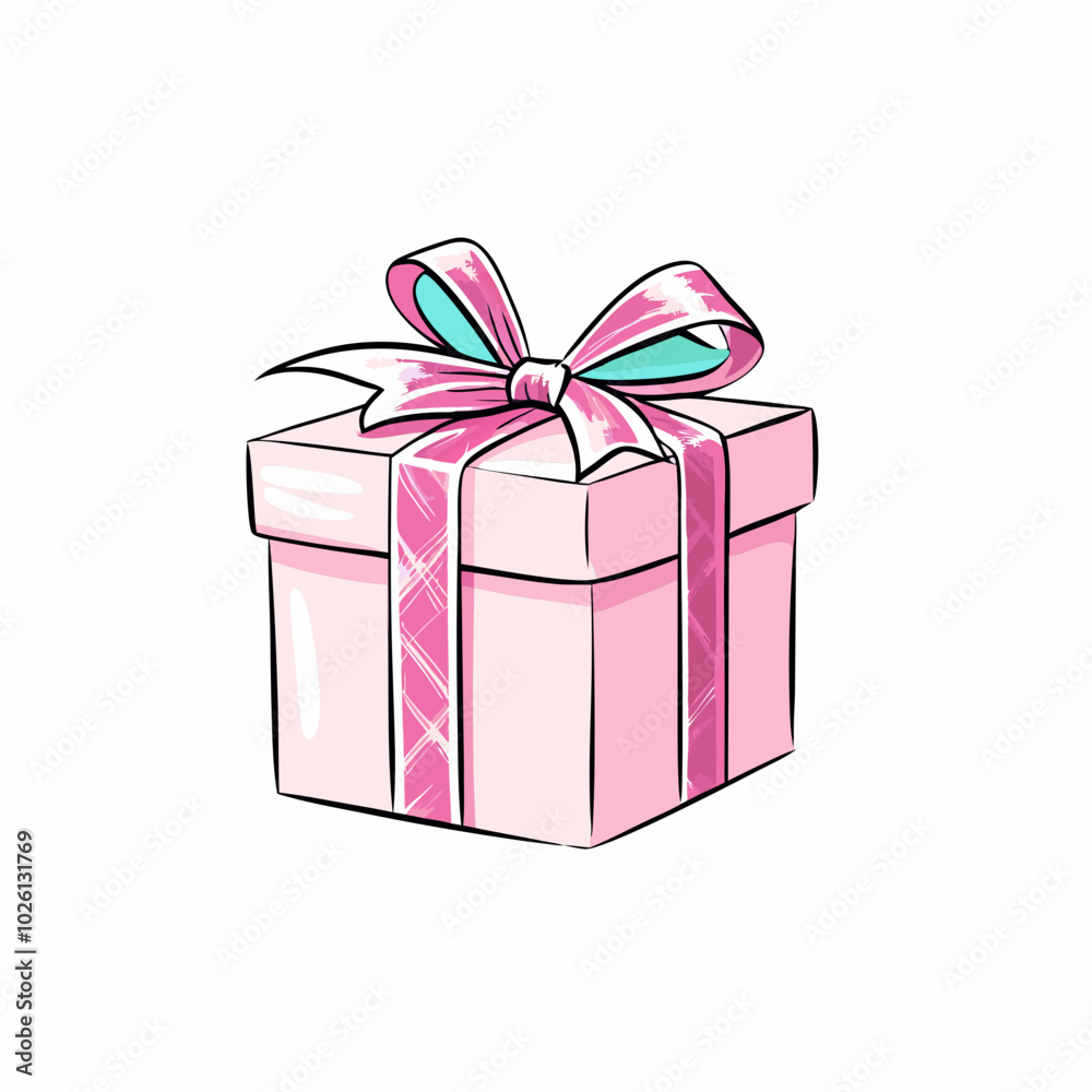 Obraz premium Cute pink gift box with a ribbon on white background
