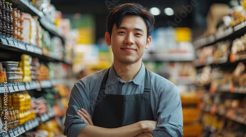 A young Asian man in an apron stands smiling in front of shelves in a grocery store.