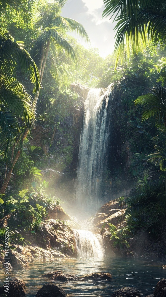 Serene Waterfall in Lush Jungle with Sunlight