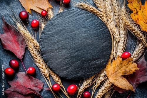 Premium photography featuring wheat ears, cranberries and autumn leaves arranged elegantly in a intriguing composition, a black circle in the middle leaves space for typography,