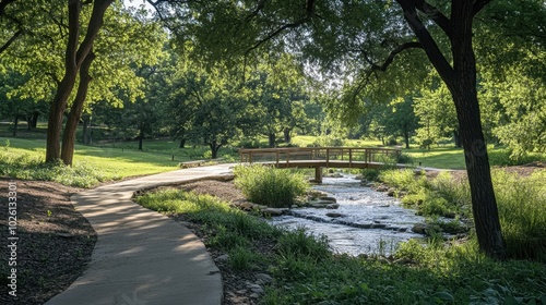 Serene Pathway by a Tranquil Stream in a Green Park