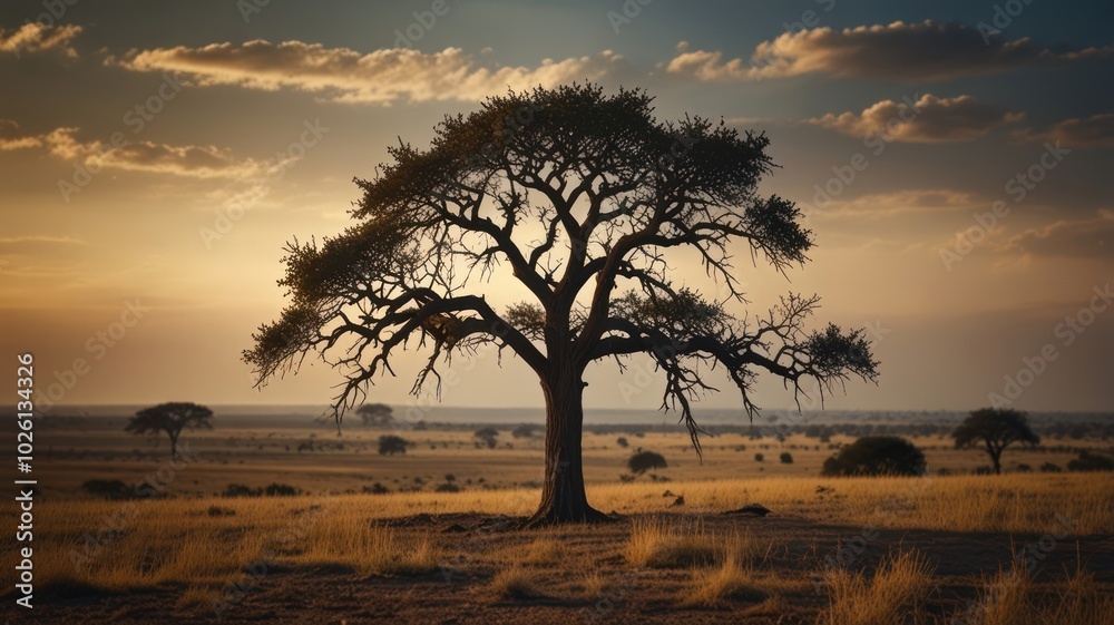A lone tree stands tall against a backdrop of a beautiful sunset in the savanna. A lone tree stands tall against a backdrop of a beautiful sunset in the savanna.