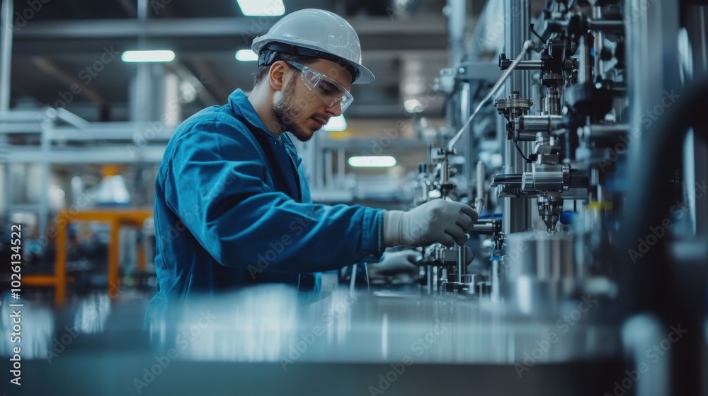 Factory worker operating machine, clean industrial background, bright lighting Factory worker operating machine, clean industrial background, bright lighting