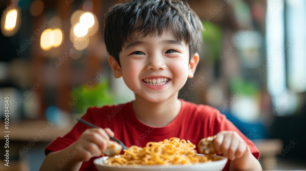 A young boy with a big smile eats noodles at a table in a restaurant. A young boy with a big smile eats noodles at a table in a restaurant.