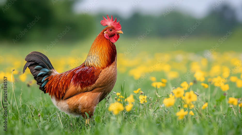 Fototapeta premium A vibrant rooster stands proudly in a field of yellow flowers, creating a picturesque rural scene under a soft, cloudy sky.