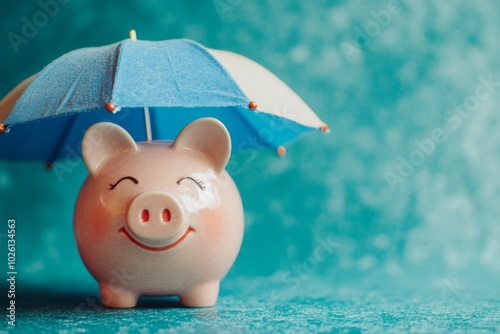 Piggy Bank Representing Financial Security Under Umbrella photo