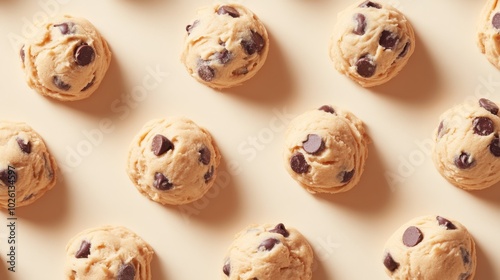 Neatly Arranged Scoops of Raw Chocolate Chip Cookie Dough