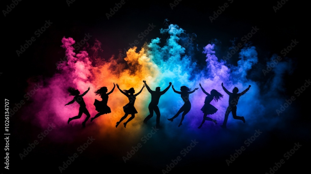 Silhouettes of Joy: A vibrant, colorful explosion of joy as silhouettes of people leap in unison, their arms raised in a symbol of unity and celebration. Silhouettes of Joy: A vibrant, colorful explosion of joy as silhouettes of people leap in unison, their arms raised in a symbol of unity and celebration.