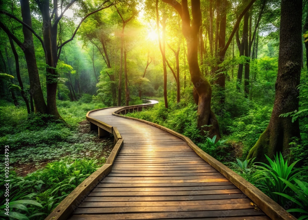 Obraz premium Scenic Wooden Path through Lush Green Forest - Nature Photography
