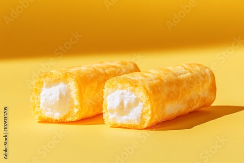 Two Cream-Filled Twinkies on a Vibrant Yellow Background