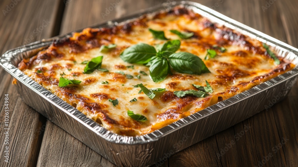 Deliciously Baked Lasagna Topped with Melted Cheese and Fresh Basil Deliciously Baked Lasagna Topped with Melted Cheese and Fresh Basil