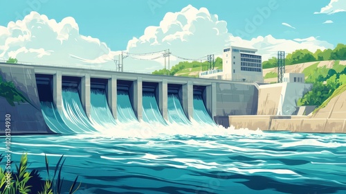 Hydroelectric station with river view, powerful currents, bright day, clean background, minimal elements photo