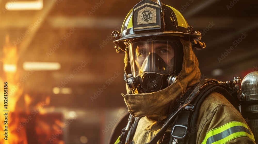 Fototapeta premium Firefighter in gear, fire station background, soft lighting, clean layout