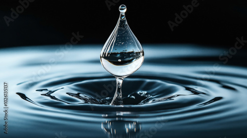 Close-up view of a water droplet suspended above a ripple on a liquid surface in low light conditions photo