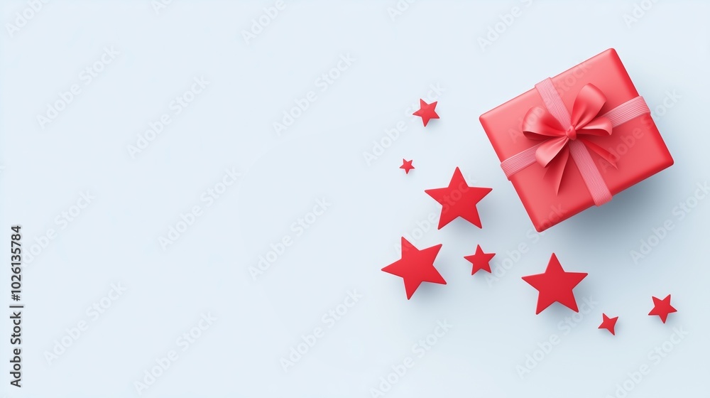 Red gift box with a red bow and red stars on a light blue background.