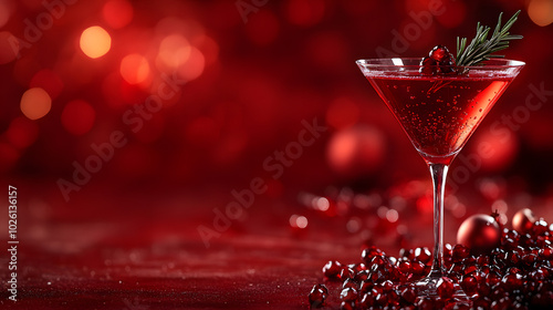 Luscious Christmas festive cocktail featuring a red martini with a splash of pomegranate